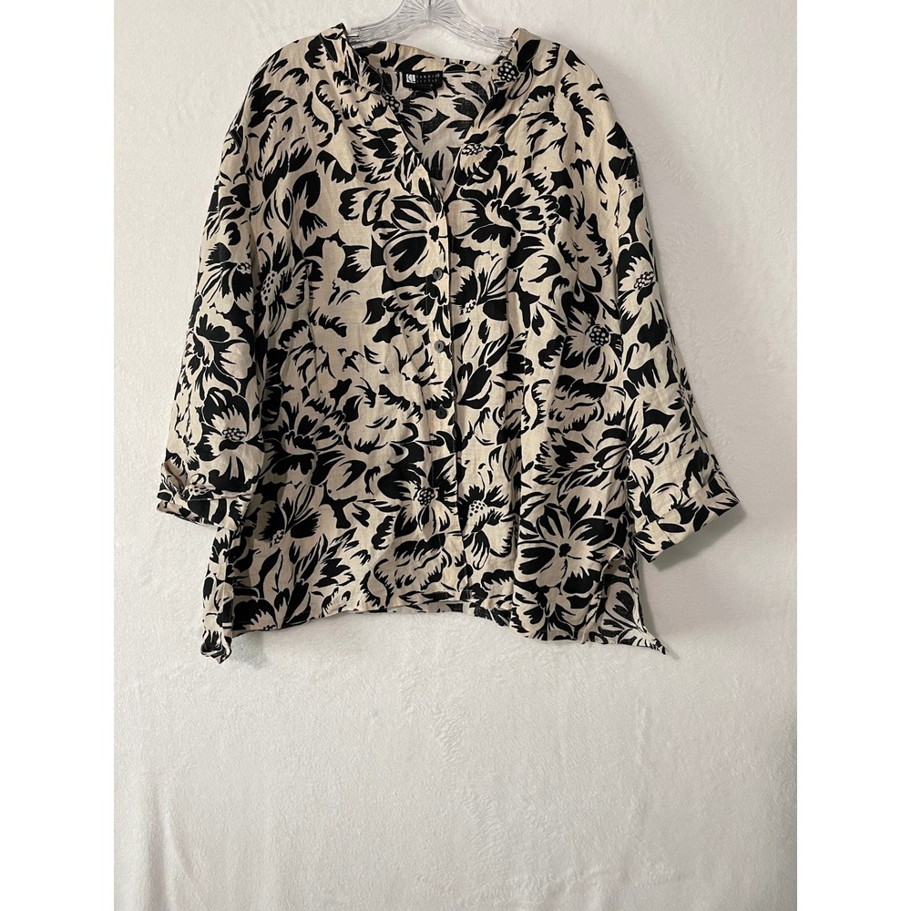 Carole Little Woman 3X Linen Blouse Black Cream Floral 3/4 Sleeve Plus Blouse